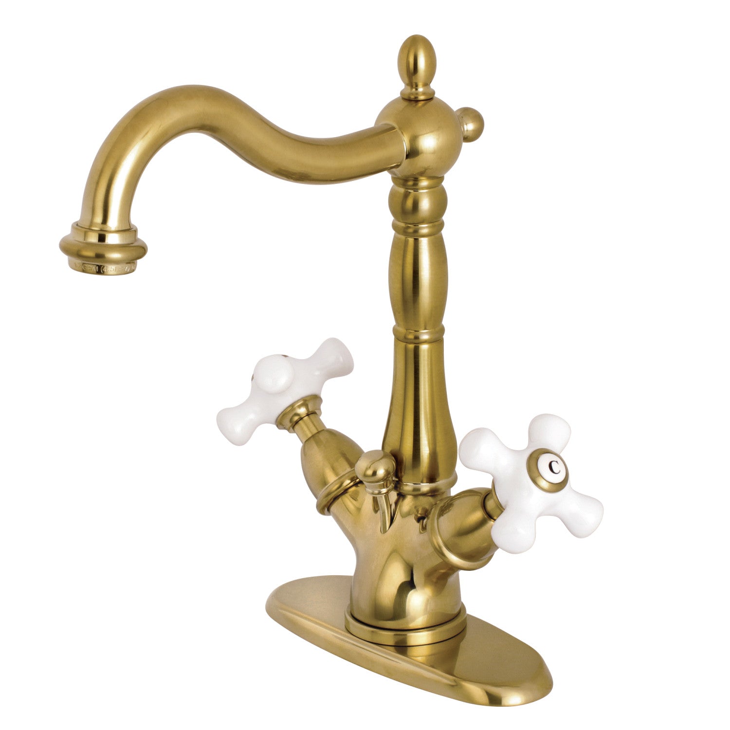 Kingston Heirloom KS1437PX - Heritage Double-Handle 1-or-3 Hole Deck Mount 4-Inch Centerset Bathroom Faucet with Brass Pop-Up, Brushed Brass — image 1